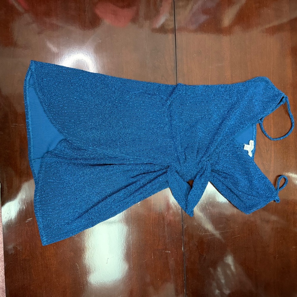 Second Generation Blue Metallic Lurex Wrap Mini Dress Size M altered to XS